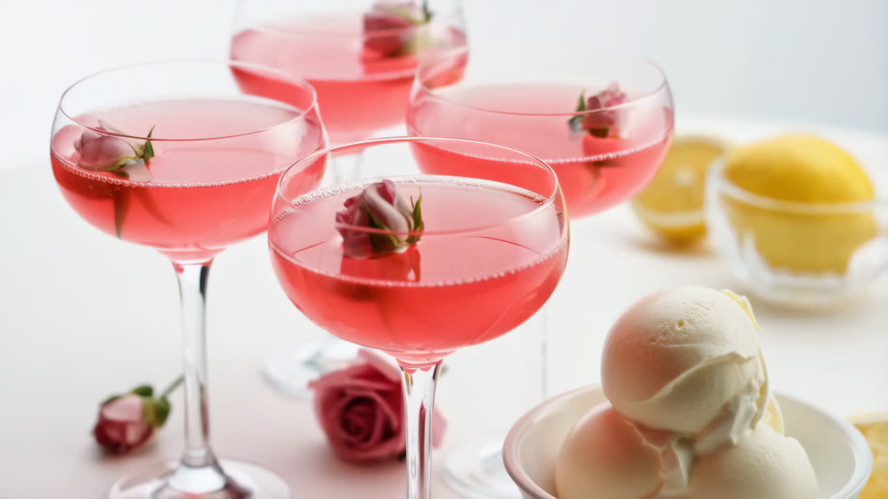 Elegant Pink Drinks with Rose Garnish and Ice Cream