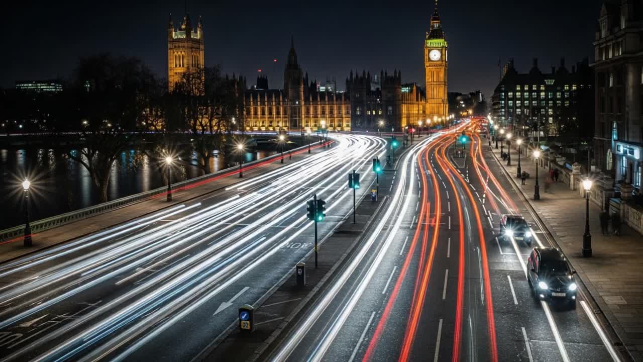 Night View of London's Houses of Parliament and Big Ben with Traffic Light Trails