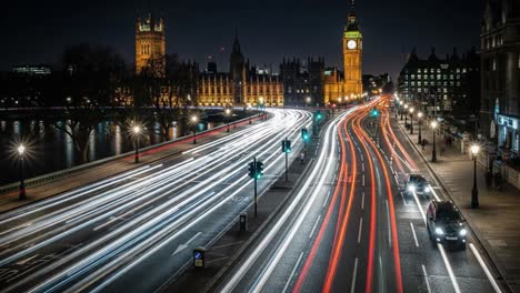 night view of london's houses of parliament and big ben with traffic light trails