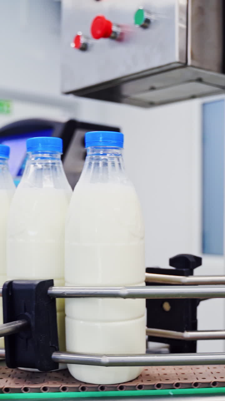 Milk production line. Milk bottles on industrial conveyor Vertical video