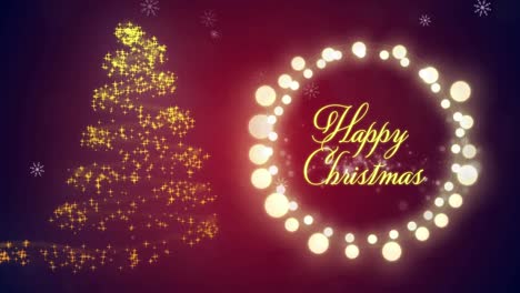 Animation-of-christmas-tree-and-greetings-in-fairy-lights-frame-over-purple-background