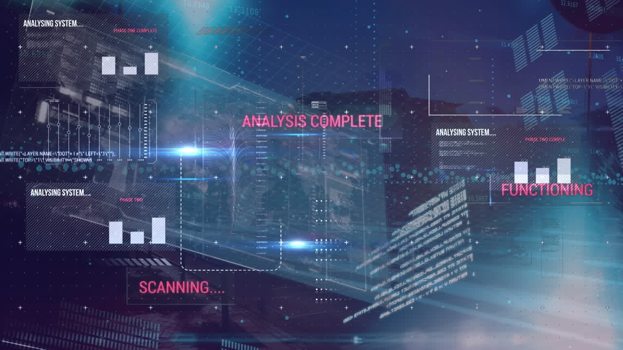Animation of data processing over cityscape