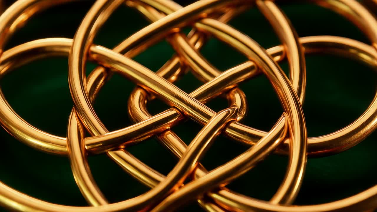 Moving camera approaching polished gold tubular knot on green felt backdrop, revealing fine details