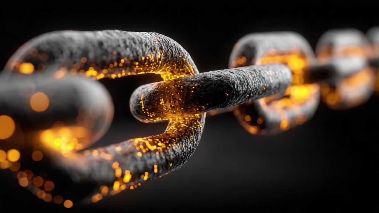 A Close-Up Exploration of a Glowing Chain Link Illuminated with Fiery Sparks, Capturing the Intricate Details of Metalwork and Embers in Motion
