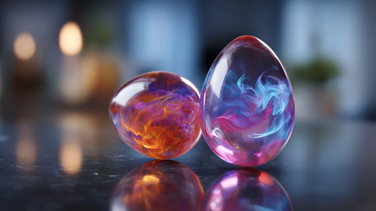 Uova di vetro vivaci con spirali e motivi colorati catturate su uno sfondo sfocato, che mostrano bellissimi riflessi di luce ed elementi di design artistico.
