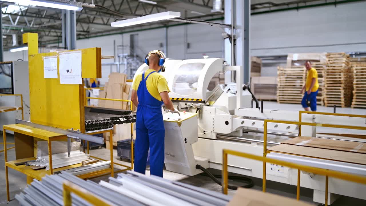 Interior of production hall. Worker in uniforms working in factory
