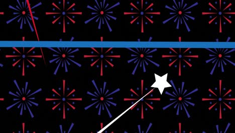 animación de rayas azules, blancas y rojas con estrellas sobre fuegos artificiales sobre fondo negro