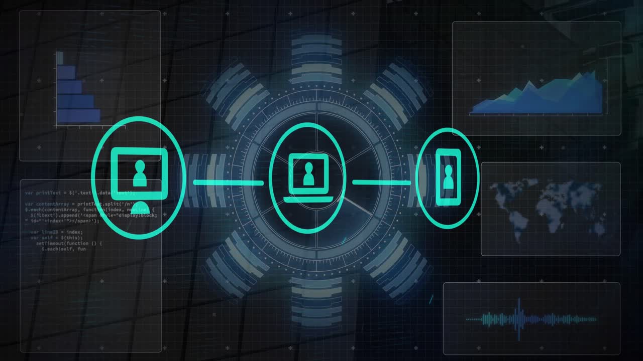 Animation of network of digital icons over round scanner and data processing on black background