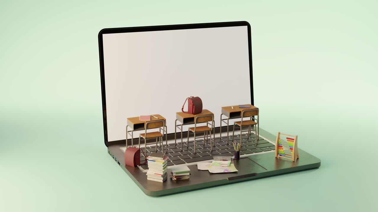 3d animation of open laptop with white screen near wooden chairs and notebooks placed on table