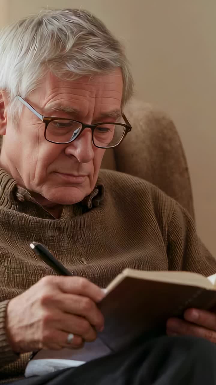 Vertical video: Writing senior in brown sweater with glasses, pen at home, notebook sparking laugh