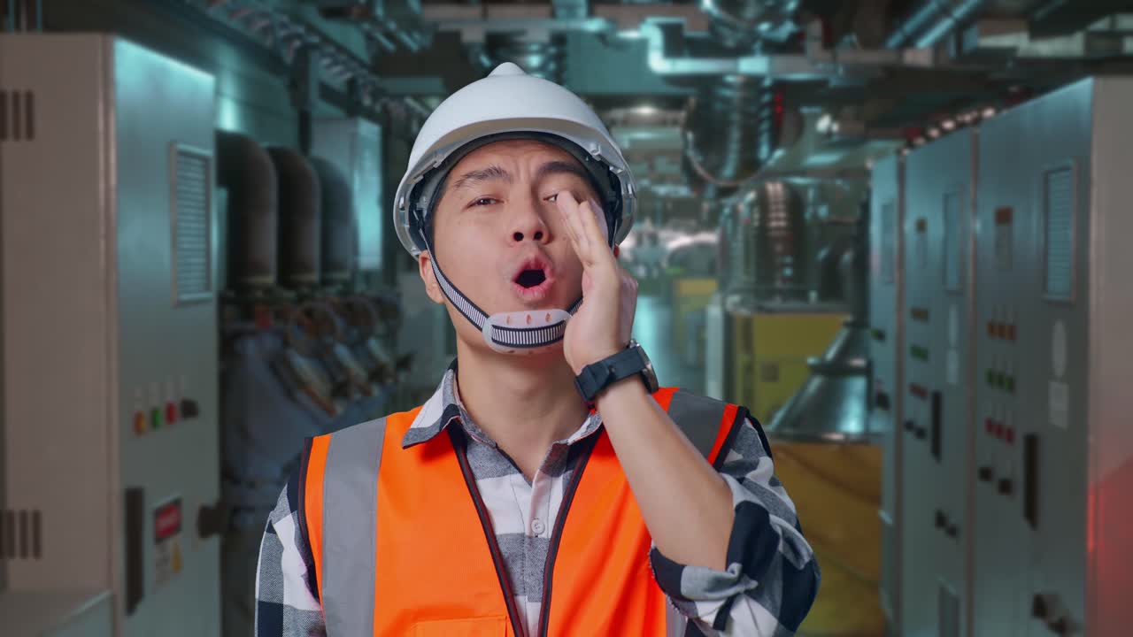 Close Up Of Asian Male Engineer With Safety Helmet Yelling With Hand Over Mouth While Standing In Engine Control Room, Work Of Electrical Generators
