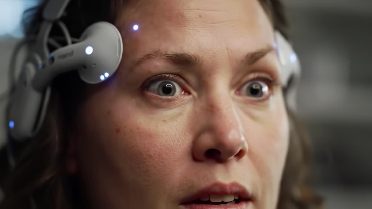 Intense Focus: A Close-Up of a Woman Engaged in Neurotechnology, Showcasing Emotional Response and the Integration of Advanced Brainwave Monitoring Devices
