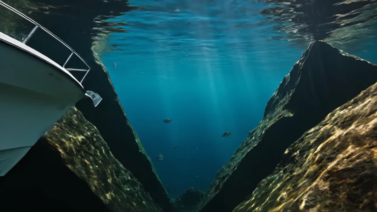 Underwater View of a Boat and Rock Formation