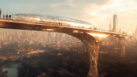 futuristic city bridge at sunrise