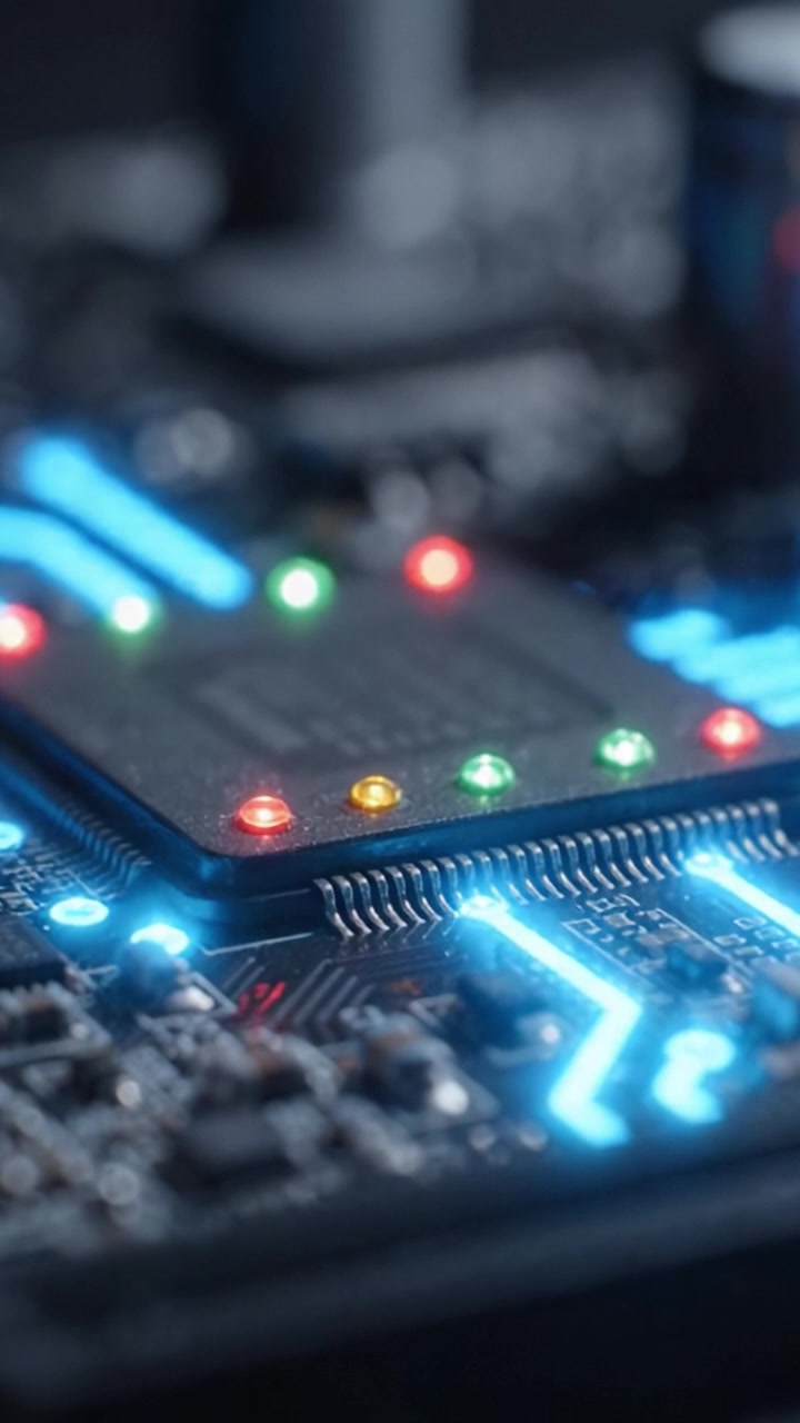 An Up-Close Exploration of a High-Tech Circuit Board: Illuminated Components and Intricate Connections Exhibit Modern Electronic Engineering at Its Finest