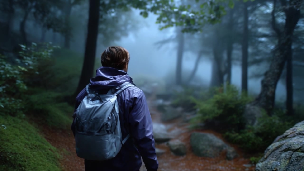 A solitary hiker embarks on a misty forest trail, enveloped in ethereal fog, surrounded by lush greenery and rocky paths, capturing the essence of adventure.