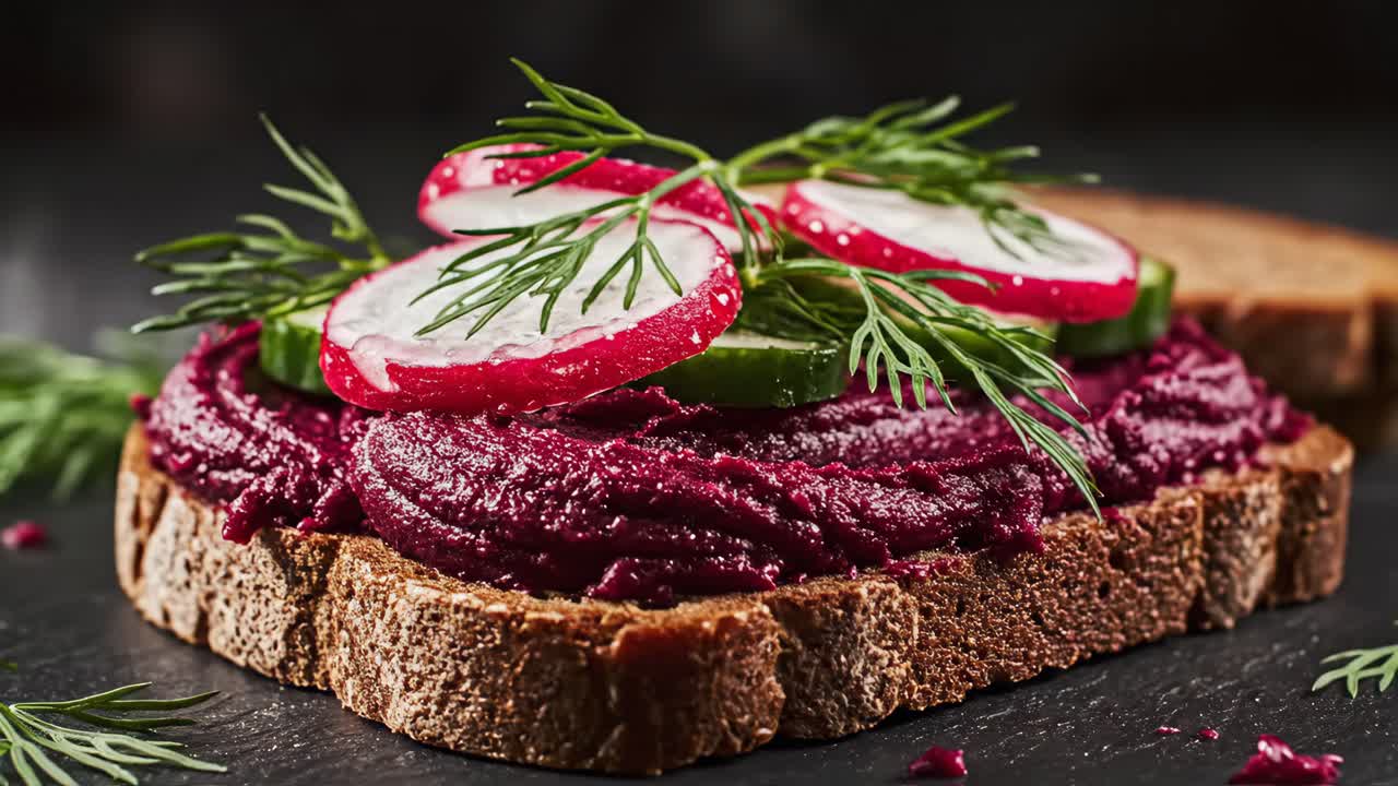 Beetroot sandwich with radish and cucumber