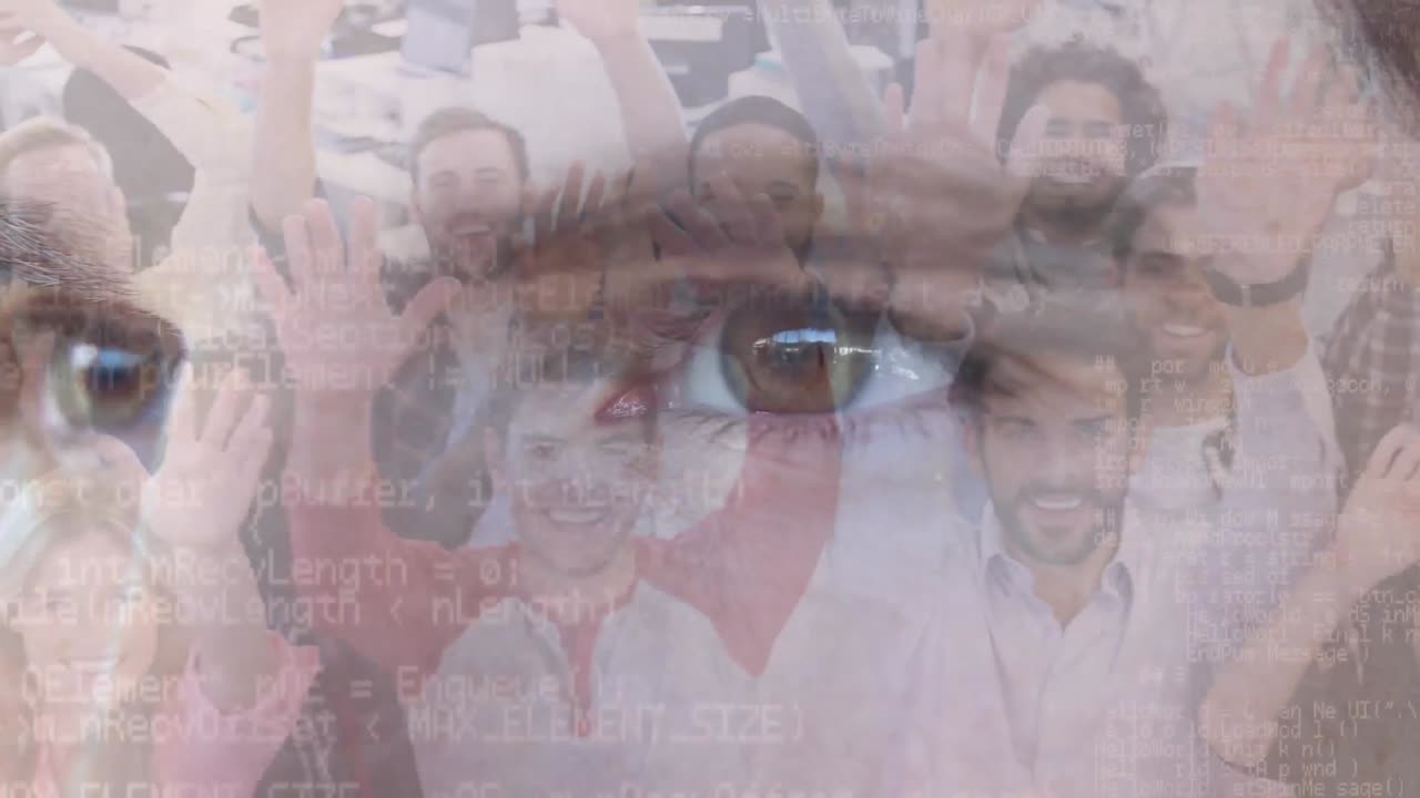 Animation of man's face and data processing over smiling business colleagues
