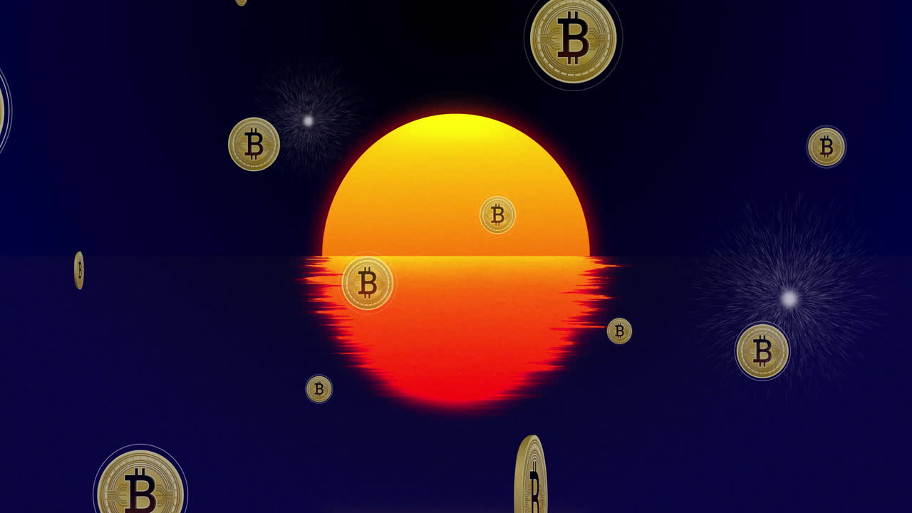 Bitcoin coins animation over sunset reflecting on water
