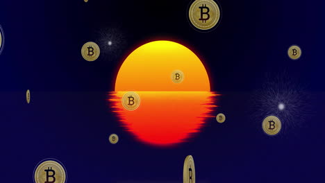 animación de monedas de bitcoin sobre el atardecer que se refleja en el agua