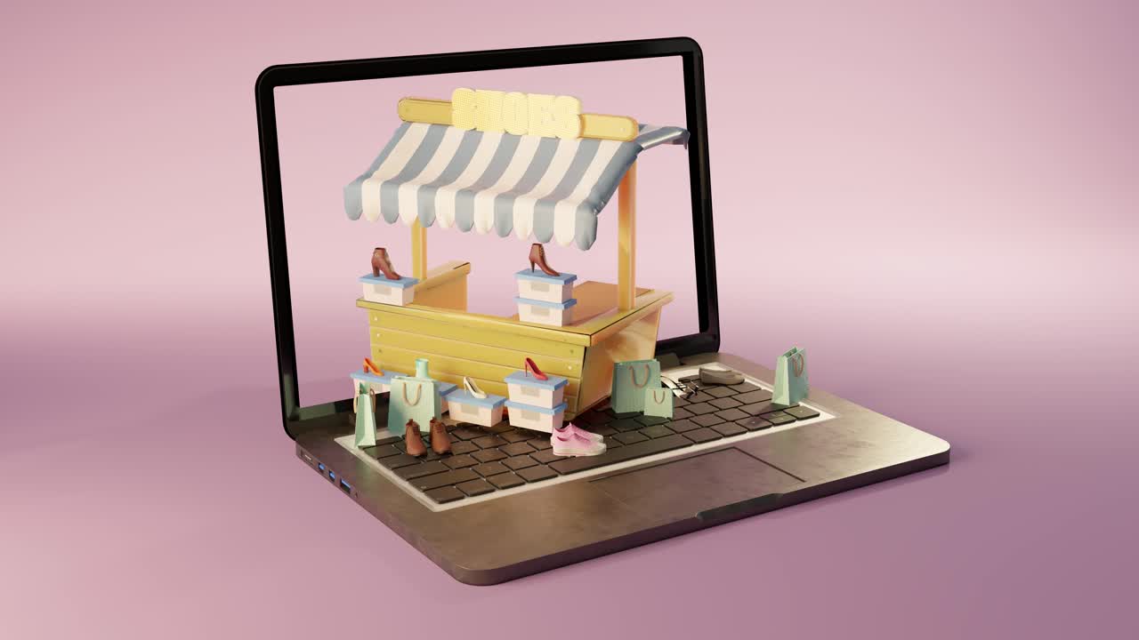3d animation of open laptop with colorful shopping bags and store in modern studio