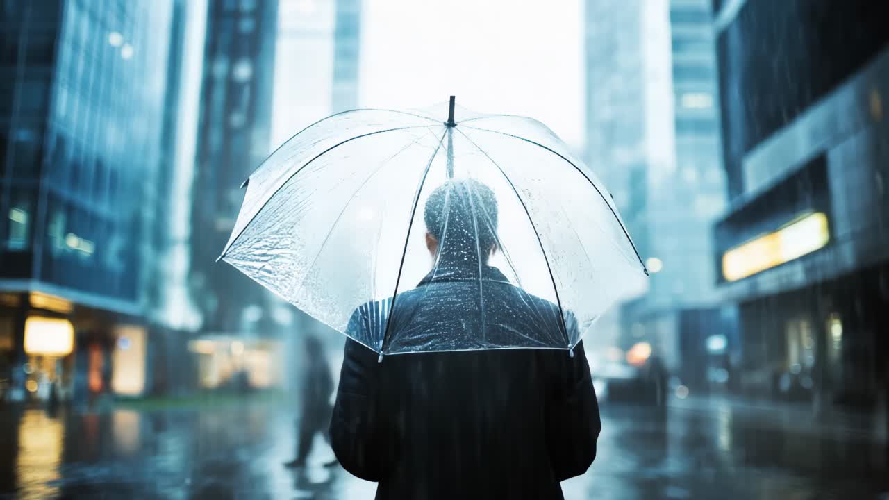 Rainy Cityscape with Man Holding Umbrella