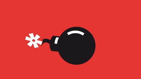 vieja bomba cayendo y explotando con el fusible ardiente moviéndose hacia adelante. dibujos animados retro en fondo rojo. ilustración animada, elementos loopable.