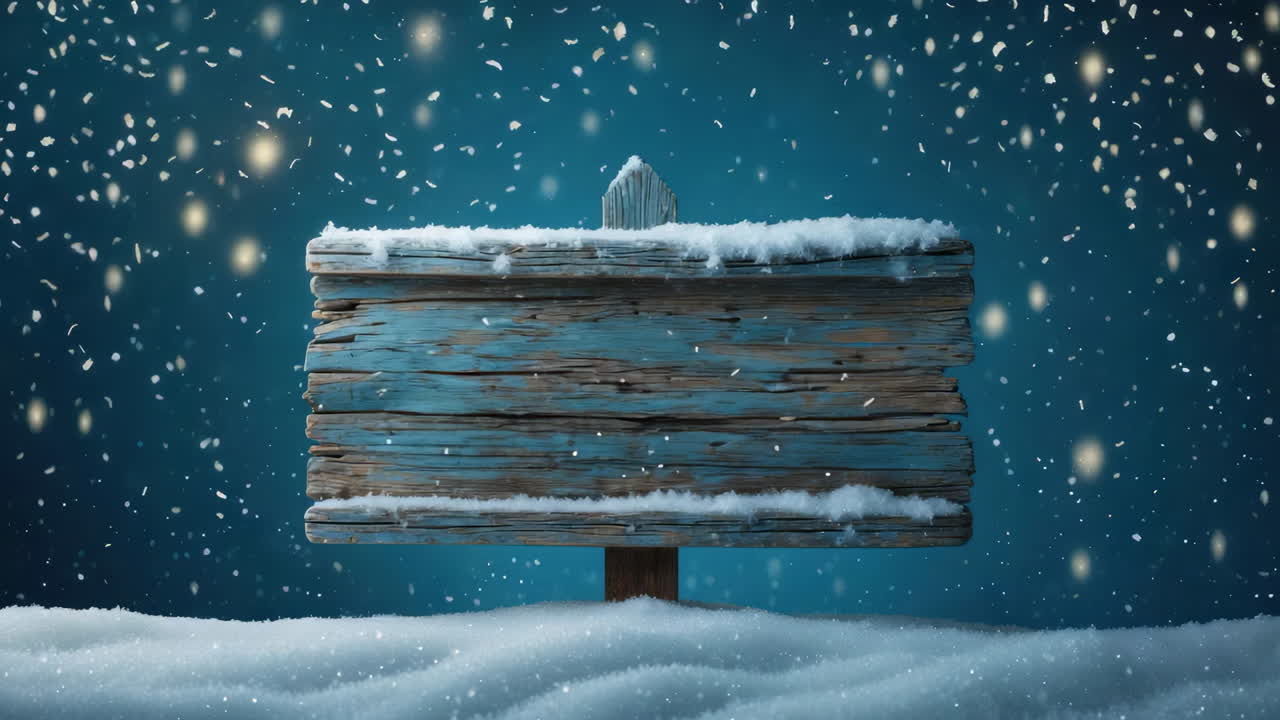 Blank Wooden Sign in Snowy Winter Scene with Bokeh Lights