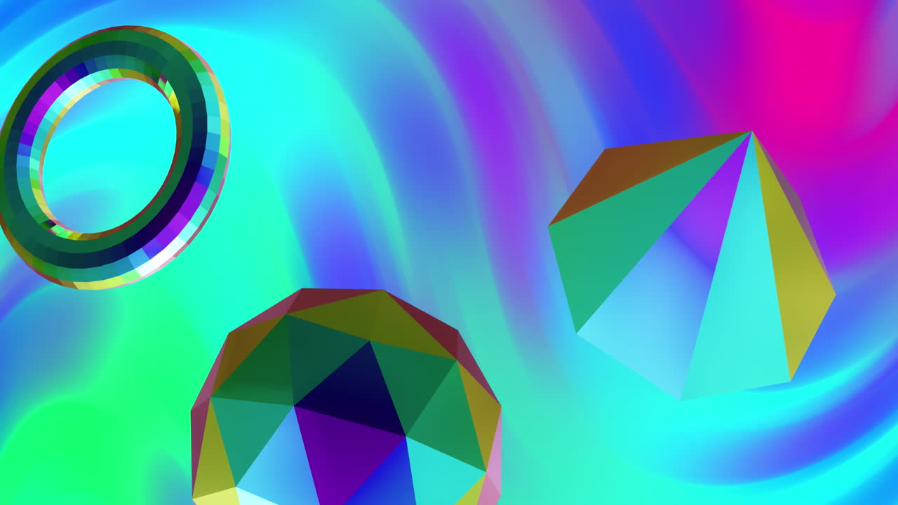 네온 배경 위에 3d 다채로운 모양의 애니메이션