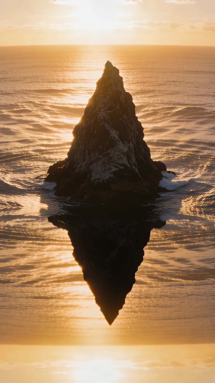 Vertical video: Sun sinking, lone sea stack forming dark diamond mirror on ocean, moving waves