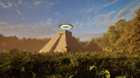 a ufo casting colorful lights, hovering above ancient mayan temple ruins in the jungle on sunset, with an alien standing idle and looking, 3d animation, animated scenery, camera dolly up