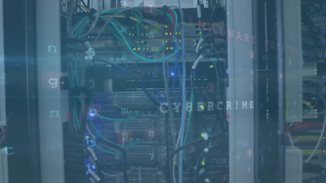 Animation of cyber security data processing against close up view of computer servers
