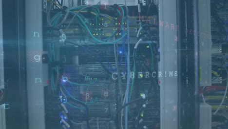animación del procesamiento de datos de ciberseguridad frente a una vista de cerca de los servidores informáticos