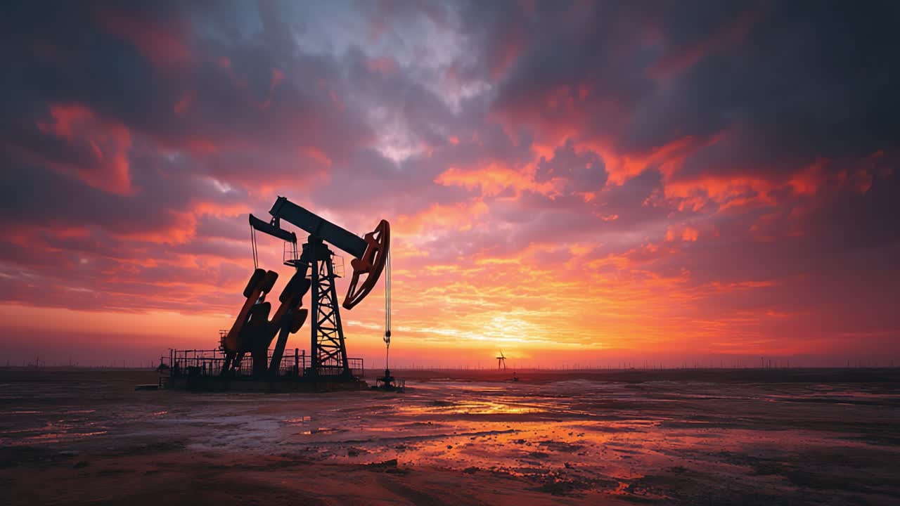 A striking contrast of industrial energy and natural beauty as an oil pumpjack silhouetted against a vibrant sunset sky, capturing the essence of resource extraction and earth's wonders