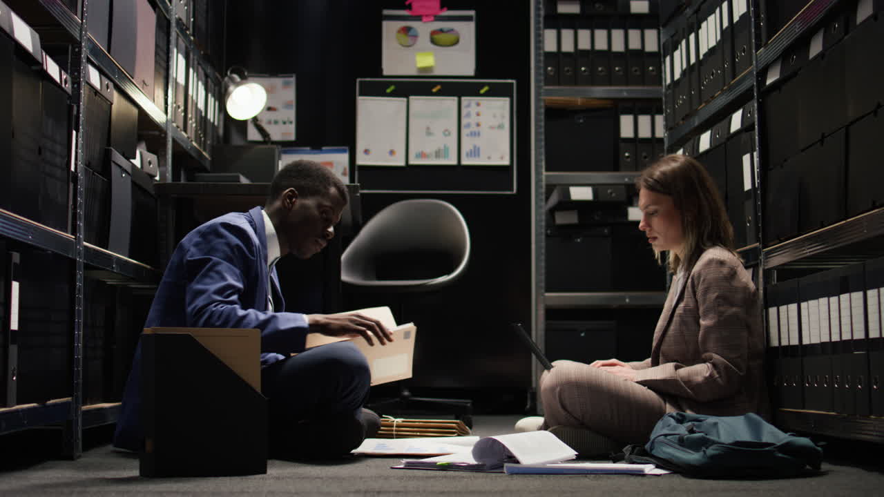 Two Business People Working in Office Surrounded by Files