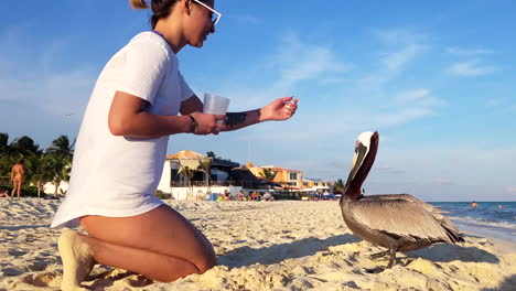 Mujer-Joven-En-Traje-De-Baño-Y-Camiseta-Que-Ofrece-Agua-A-Un-Pelícano-Marrón-En-La-Playa-De-México-Durante-El-Día