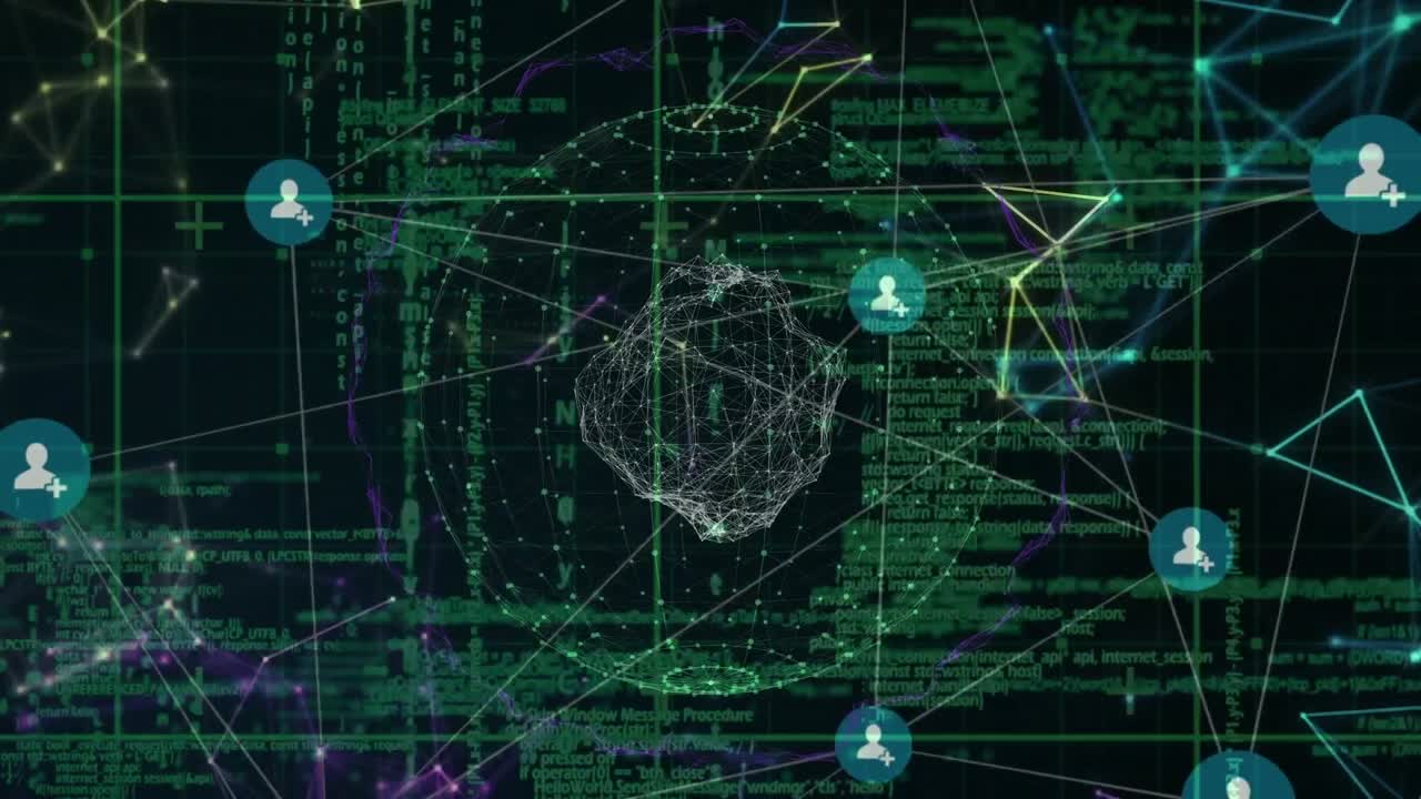 전 세계에 대한 아이콘과 검은색 배경에 대한 데이터 처리와 연결 네트워크의 애니메이션