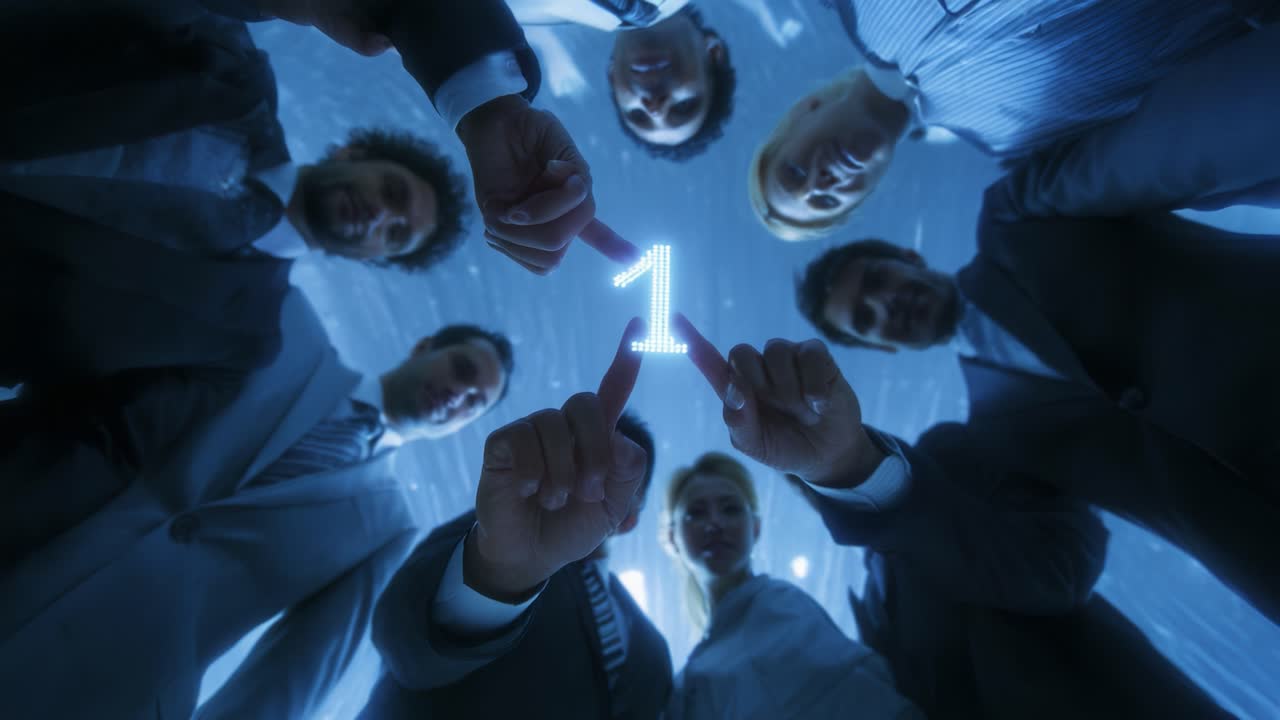 A diverse group of professionals gathered together, enthusiastically pointing at the number one displayed in bright illumination, symbolizing unity, achievement, and collaboration among team members