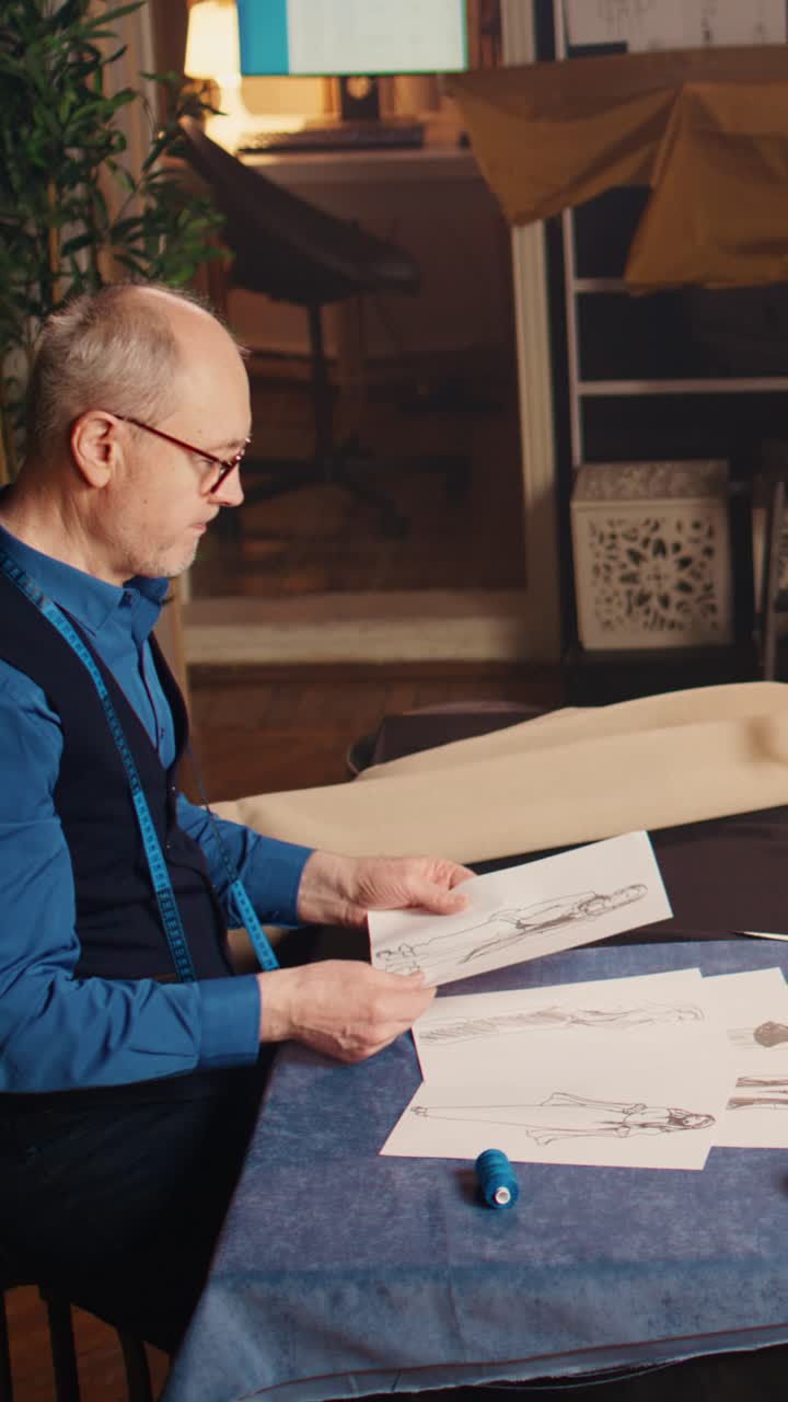 Vertical video Experienced couturier analyzing sketches