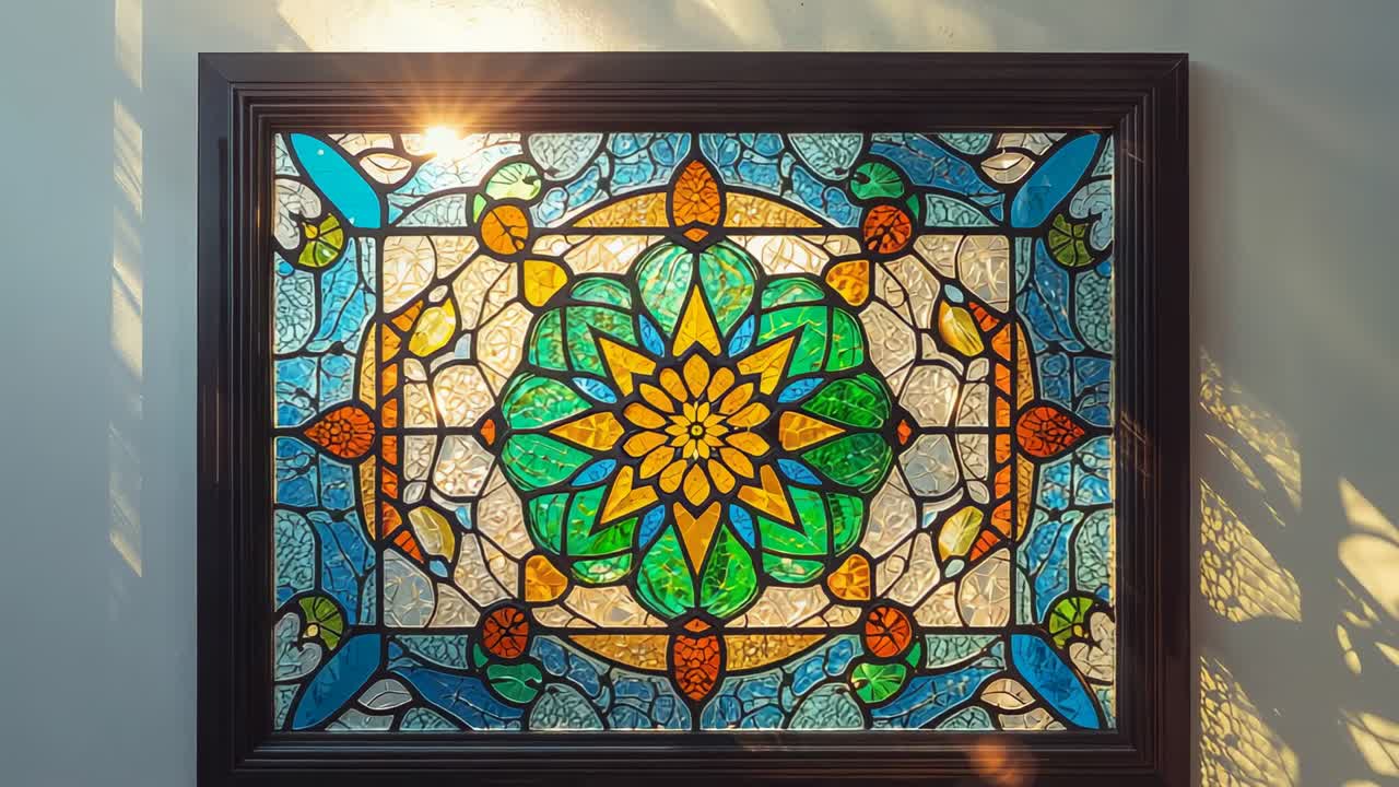 Entering sunlight beam lighting stained glass panel at wall, coloring petals, sweeping tree shadows