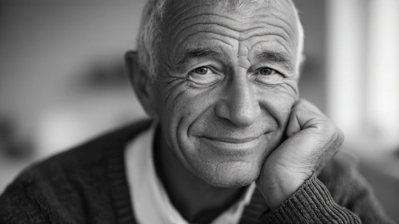 Un uomo anziano pensieroso sorride calorosamente, mostrando un'espressione gentile e abbracciando la bellezza della vita nella sua età avanzata, riflettendo saggezza ed esperienza.