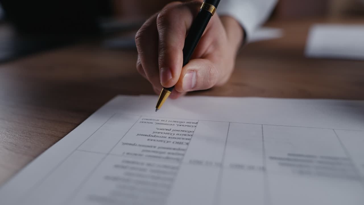 Close up a guy in a white shirt writes his signature with blue ink on a white sheet of document using a black pen in the office