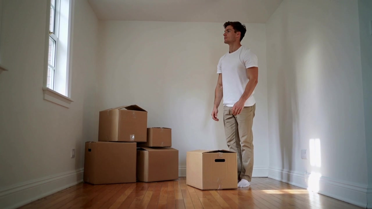 Reaching stacked boxes, adult male lifting medium box in small room, preparing for move