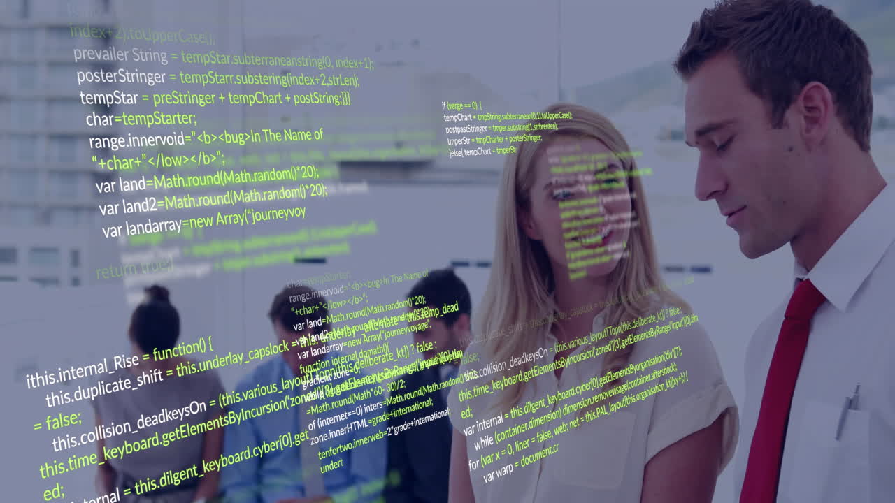 animación de procesamiento de datos sobre colegas caucásicos hablando en la oficina