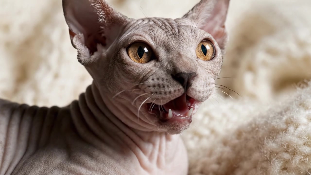 Adorável Gato Sphynx Posa para a Câmera com Expressões Cativantes, Exibindo Características Únicas e Personalidade Brincalhona em Fundo Macio e Aconchegante.