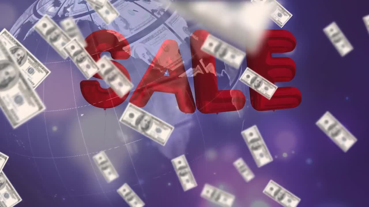 미국 달러 지폐가 판매 중인 텍스트 풍선이 보라색 바탕에 회전하는 지구에 떠다니고 있습니다.