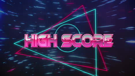 animation of high score text on triangular banner and blue light trails spinning in seamless pattern