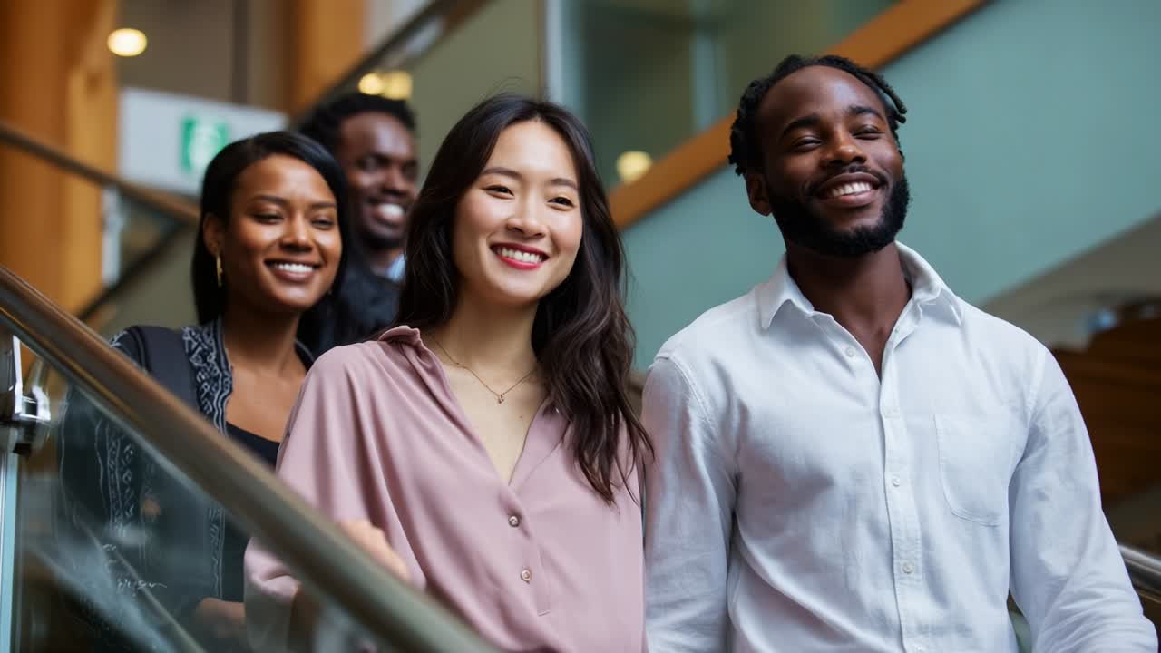 A group of four young adults descends a staircase, showcasing happiness and friendship, in a bright and modern environment that reflects a positive atmosphere and lively interactions