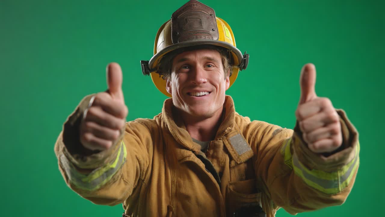 A cheerful firefighter poses confidently with a smile, giving a thumbs-up gesture, showcasing a positive attitude and readiness for action against a vibrant green background