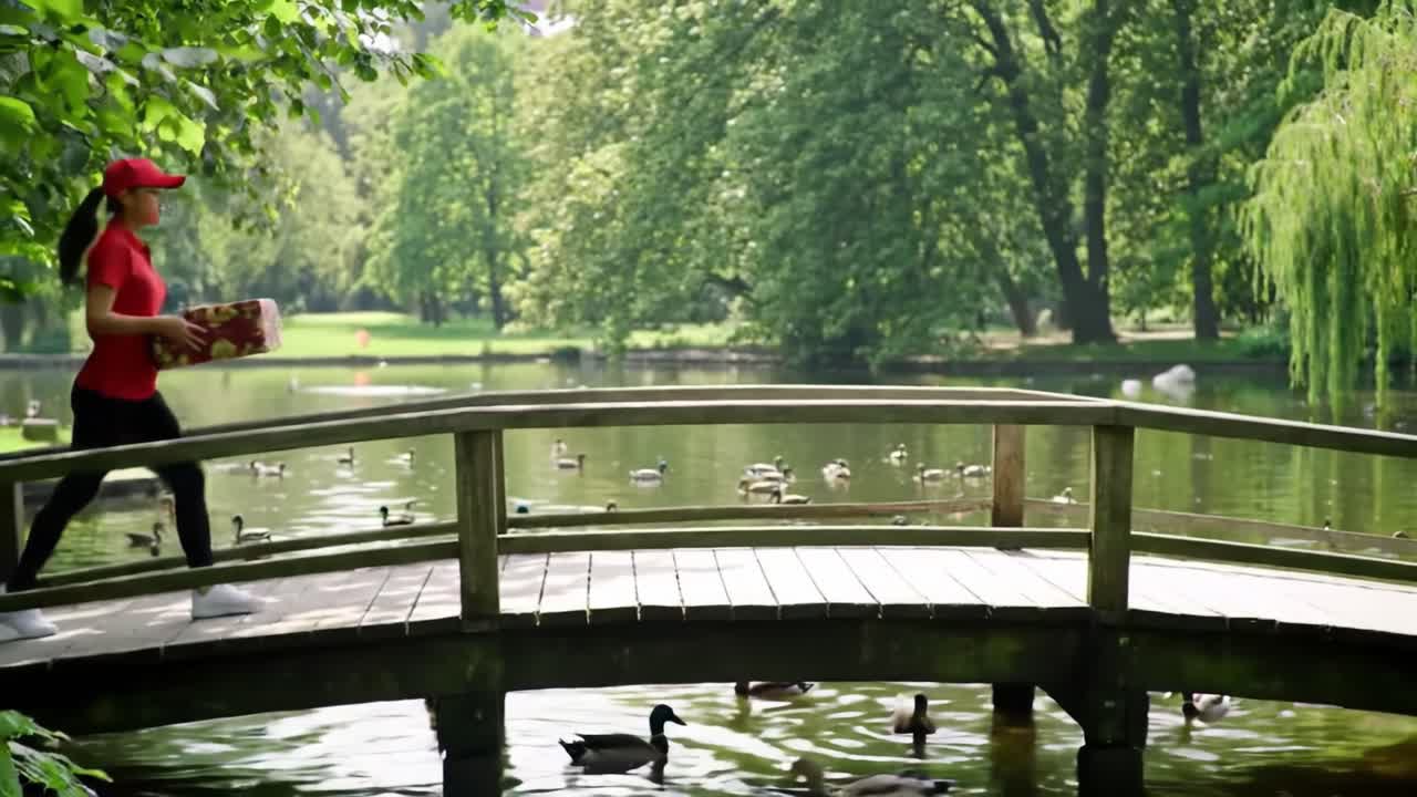 A woman in a red shirt walks across a wooden bridge in a park, carrying a large box while ducks swim in the water below. Lush greenery frames the serene scene.